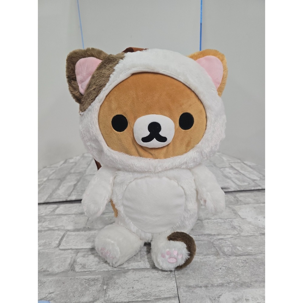 San-X Rilakkuma the Brown Teddy Bear in Calico Cat Costume 15" Plush Backpack